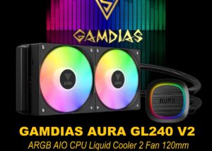 AURA-GL240-V2-B AURA GL240 V2 ARGB AIO CPU Liquid Cooler GAMDIAS AURA GL240 V2 ARGB AIO CPU Liquid Cooler , 240mm Radiator, 2 x 120mm PWM Fans, Cooling System w/ Hidden Cable Design, Rotatable Mirror Style ARGB Pump for Intel/AMD Ryzen - BLACK AURA-GL240-V2-B