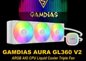 AURA-GL360-V2-W AURA GL360 V2 ARGB AIO CPU Liquid Cooler GAMDIAS AURA GL360 V2 Liquid CPU Cooler, 120mm, Triple Fan, White ARGB AIO, Mirror Style  Rotatable Pump, LGA 1700/AM5 Ready, Built-in Lighting Effects, Hidden Cable Management | WHITE  AURA-GL360-V2-W