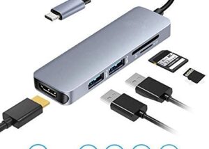 BYL-2010N USB HUB Type C to HDMI 4K 30Hz 2x USB3.0 TF SD USB HUB 5 in 1 USB C Hub Multiport Adapter, Type C to HDMI 4K 30Hz / 2x USB3.0 / TF / SD Card Reader, Type C Converter Compatible with Windows , Android , iOS Devices - Grey