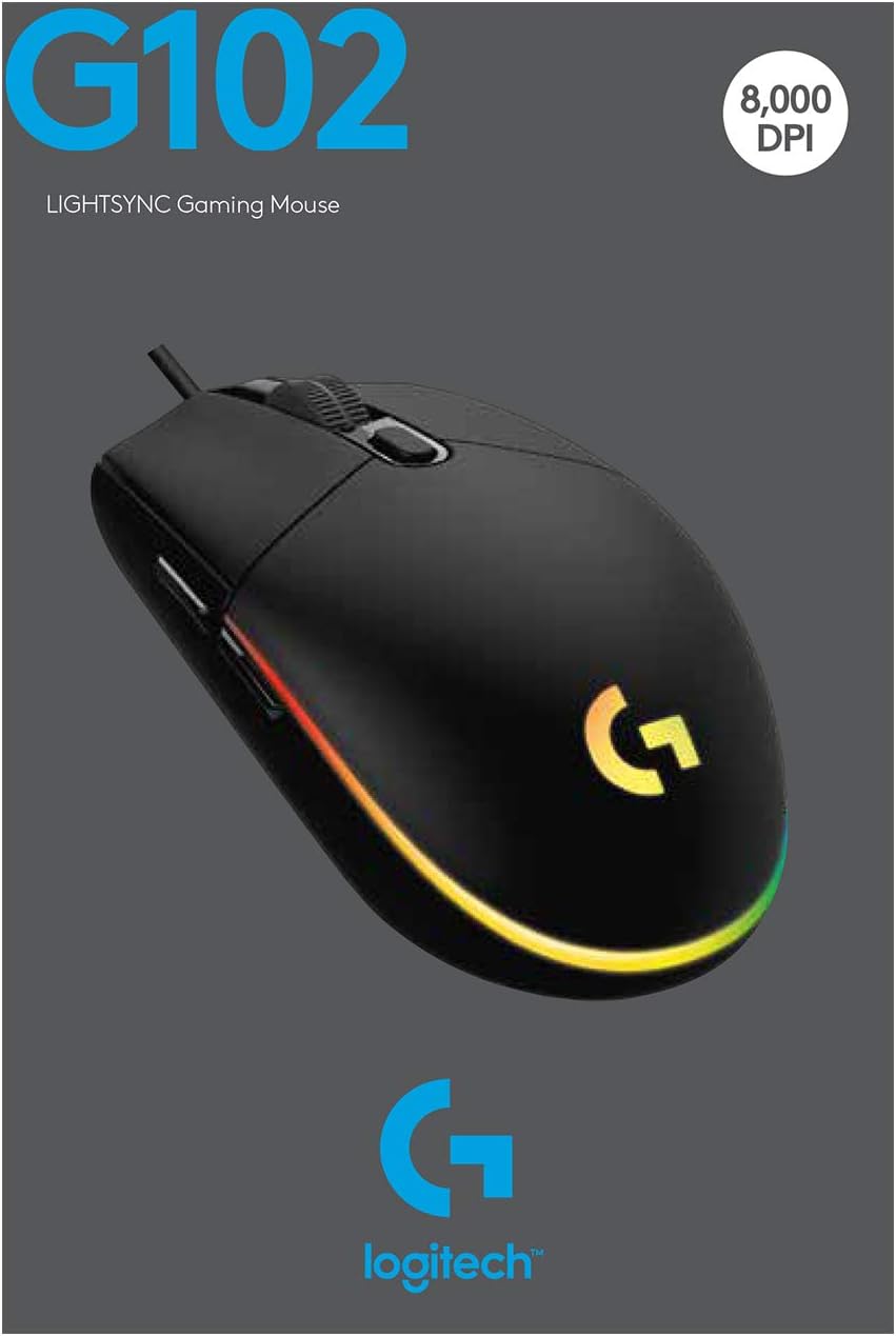 Logitech G102 RGB Gaming Wired Mouse Logitech G102 Light Sync Gaming Wired Mouse with Customizable RGB Lighting, 6 Programmable Buttons, Gaming Grade Sensor, 8 k dpi Tracking,16.8mn Color, Light Weight (Black) (910-005802)