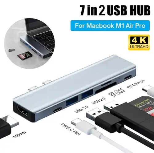 CONVERTER 7 IN 2 DUAL TYPE-C TO PD ; USB3.0 ; USB2.0 ; HDMI ; USB-C ; SD ; TF ; PD Hub Adapter / Dual Type C Aluminum USB Hub For Macbook