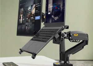 Laptop Mount with Adjustable Tray for 10-17” Notebook, Full Motion Arm with VESA Plate for 17-30” Monitor, Clamp-on Grommet Mounting  Arm VESA Plate Laptop Monitor Mount