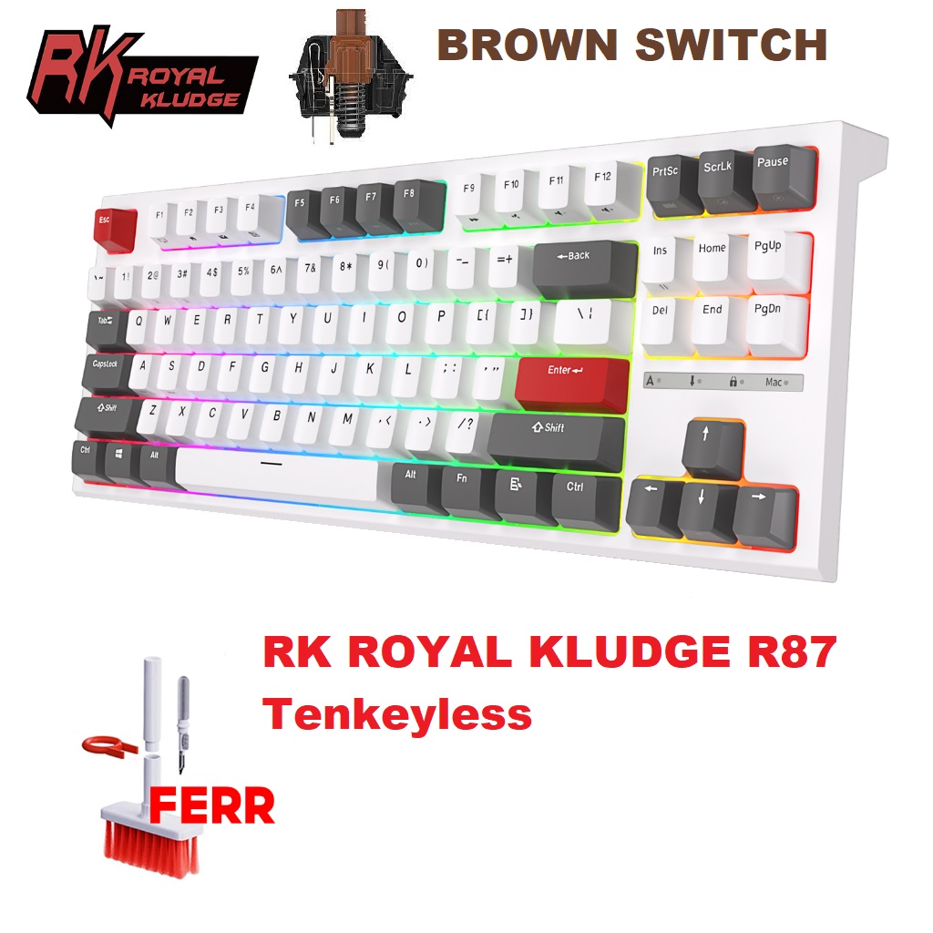 RK ROYAL KLUDGE R87 Wired Mechanical Keyboard Tenkeyless TKL 87 Key RGB Backlit Hot-swappable Gamer Keyboard Customized Keycaps with Dust Cover Brown Switch - White Mechanical Keyboard Brown Switch Tenkeyless White