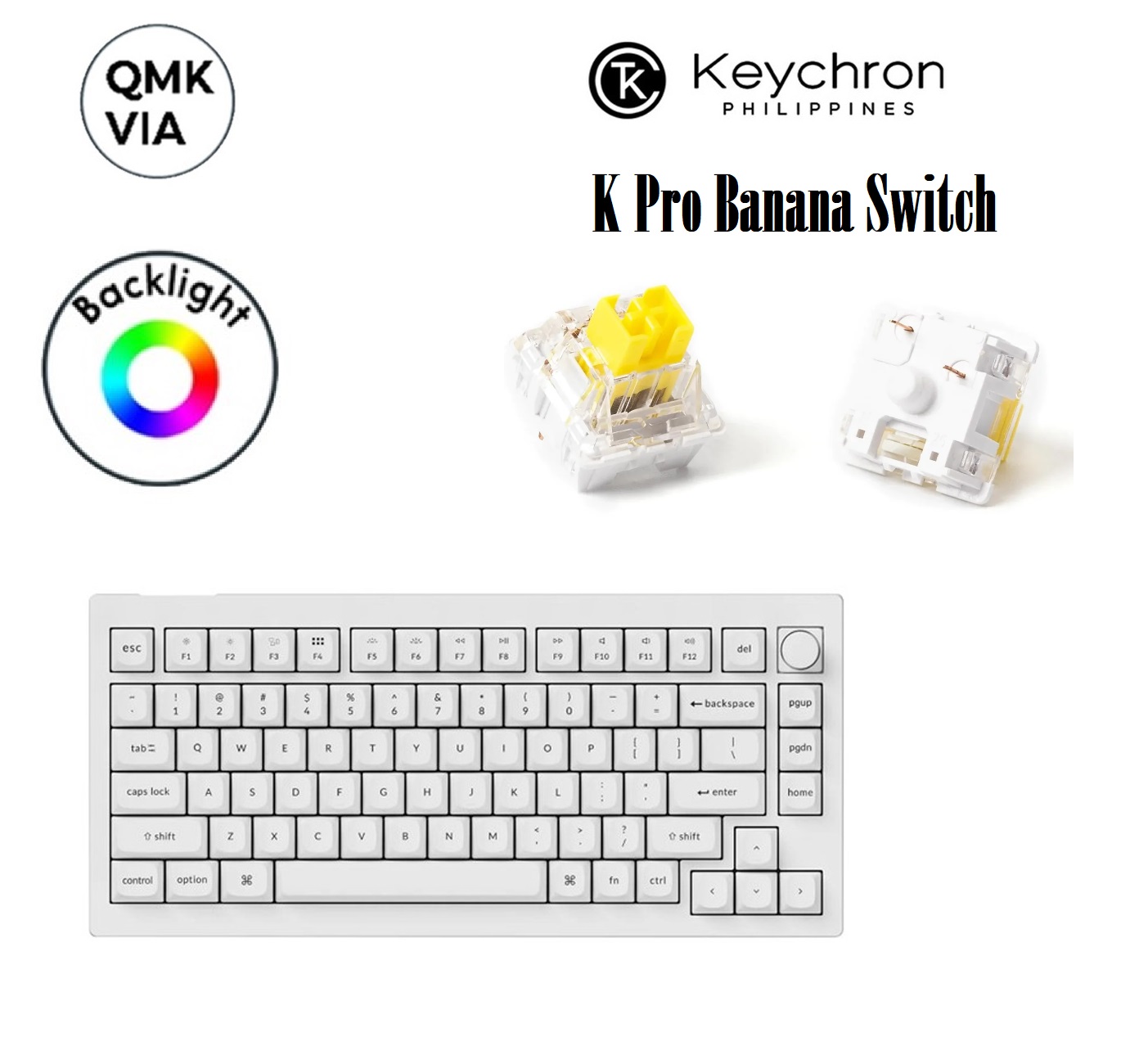 Keychron V1 QMK Fully Assembled Knob RGB Hot-Swappable Wired Custom Mechanical Keyboard ; ANSI 75% Layout  84 Keys - Keychron K Pro Banana Switch - Shell White Knob RGB Mechanical Keyboard Hot-Swappable White