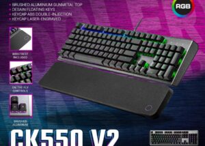Cooler Master CK550 V2 Gaming Mechanical Keyboard Brown Switch with RGB Backlighting , Brushed Aluminum, Wrist Rest, On-the-Fly Controls , ENGLISH/ARABIC  Gaming Mechanical Keyboard Brown Switch RGB