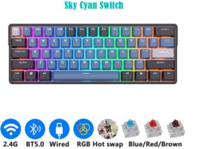RK61 Plus ROYAL KLUDGE  Tri-mode Connectivity Mechanical Keyboard 2.4G Wireless Bluetooth RGB Backlit 61 Programmable Keys 60% Layout , Hot-swappable Sky Cyan Switch , Indigo Hub Design