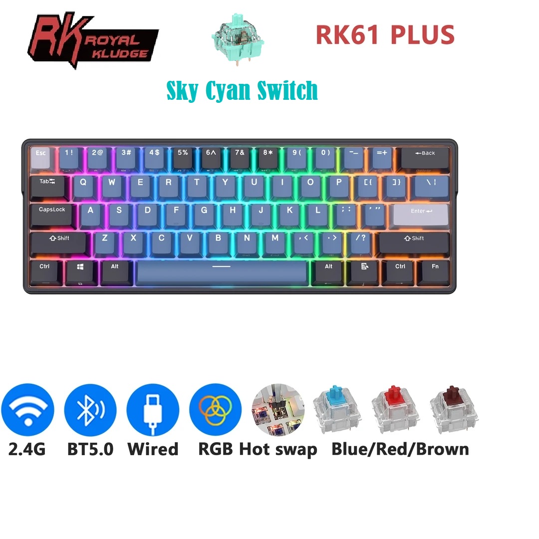 RK61 Plus ROYAL KLUDGE  Tri-mode Connectivity Mechanical Keyboard 2.4G Wireless Bluetooth RGB Backlit 61 Programmable Keys 60% Layout , Hot-swappable Sky Cyan Switch , Indigo Hub Design