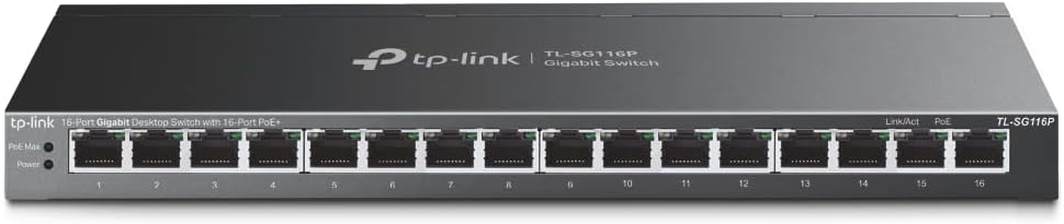 TP-Link TL-SG116P | 16 Port Gigabit PoE Switch | 16 PoE+ Ports @120W | Plug & Play | Extend, Priority & Isolation Mode | PoE Auto Recovery | Fanless | QoS & IGMP Snooping TP-Link 16 Port Gigabit PoE Switch