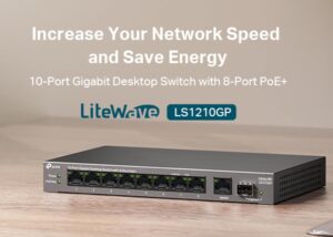 TP-Link 10-Port Gigabit Desktop Switch with 8-Port PoE+, 61 W PoE Budget, 30 W PoE output, Up to 250m PoE Transmission. Traffic Separation, Plug and Play, Fanless, Metal Case (LS1210GP) 10-Port Gigabit Desktop Switch 8-Port PoE+