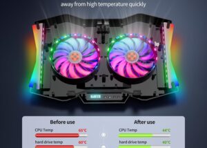 RGB Laptop Cooler, Digital LED Display, 7-Height Levels, 10 Lighting Modes, Gaming Laptop Cooling Pad, 6-Speed Fan Control, Laptop Cooling Stand, 2 USB Ports, for 9'' to 17'' Notebooks (Black) RGB Laptop Cooler Digital Display USB-Ports