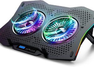 RGB Laptop Cooler, Digital LED Display, 7-Height Levels, 10 Lighting Modes, Gaming Laptop Cooling Pad, 6-Speed Fan Control, Laptop Cooling Stand, 2 USB Ports, for 9'' to 17'' Notebooks (Black) RGB Laptop Cooler Digital Display USB-Ports
