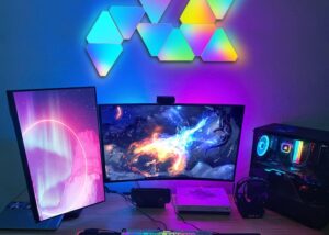 Triangle LED Light Panels with 6 Connection Ports, Smart RGBIC Wall Lights - WIFI Connection - Compatible with Google Assistant &  Alexa -  App Control  or Remote Control - Music Sync -  for Gaming Room Streaming , Gaming Setup, Home Decor , 6 Pack Gaming Setup Smart RGBIC Triangle LED Light Panels