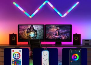 Glide Led Wall Lights, Smart RGBIC Bar Shape Lights 31 cm Each  – WIFI Connection – Compatible With Google Assistant &  Alexa – App Control  Or Remote Control – Music Sync – For Gaming Room Streaming , Gaming Setup, Home Décor , (4 Bars + 3 Corners ) Glide Led Wall Lights Smart RGBIC Bar