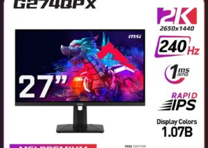 MSI G274QPX, 27" Gaming Monitor, 2560 x 1440 (QHD), Rapid IPS, 1ms, 240Hz, G-Sync Compatible, HDR 400, HDMI, DisplayPort, Tilt, Swivel, Height Adjustable, Pivot, Black 27" QHD Gaming Monitor 1ms 240Hz 