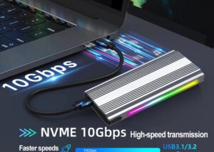 RGB M.2 NVMe + M.2 SATA SSD Enclosure, USB-C 3.1 Gen 2 10Gbps, Aluminum SSD Case, UASP & Trim Support, for 2230 2242 2260 2280 Sizes B-Key M-Key , Plug & Play for Laptop/PS4/Smartphone   RGB M.2 NVMe SATA SSD Enclosure - No SSD Included - Aluminum Enclosure With JSM581D Chipset