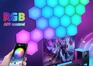 Hexagon LED Light Panels With 6 Connection Ports, Smart RGBIC Wall Lights – WIFI Connection – Compatible With Google Assistant &  Alexa – App Control  Or Remote Control – Music Sync –  For Gaming Room Streaming , Gaming Setup, Home Décor , 20 Pack  Hexagon Smart RGBIC LED Light Panels – Gaming Setup