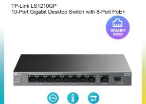 TP-Link 10-Port Gigabit Desktop Switch with 8-Port PoE+, 61 W PoE Budget, 30 W PoE output, Up to 250m PoE Transmission. Traffic Separation, Plug and Play, Fanless, Metal Case (LS1210GP) 10-Port Gigabit Desktop Switch 8-Port PoE+