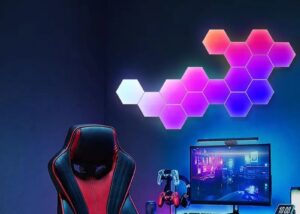 Hexagon LED Light Panels With 6 Connection Ports, Smart RGBIC Wall Lights – WIFI Connection  –  App Control  Or Remote Control – Music Sync –  For Gaming Room Streaming , Gaming Setup, Home Décor , 6 Pack Hexagon Smart RGBIC LED Light Panels - Gaming Setup
