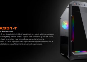 COUGAR MX331-T GAMING MID TOWER ARGB CASE TEMPERED GLASS SIDE PANEL  - 3 Built in ARGB strips - Adjustable Fan Speed Controller - 4 USB Ports - , Supports 350mm Graphic Card, 1x 5.25”  Drive Bays, 2x 2.5” SSDs, 2x 3.5” HDDs - 240mm water cooling radiator - supports 5 x120mm fans - ARGB fan x 1 Pre-installed-  BLACK GAMING MID TOWER ARGB GLASS CASE