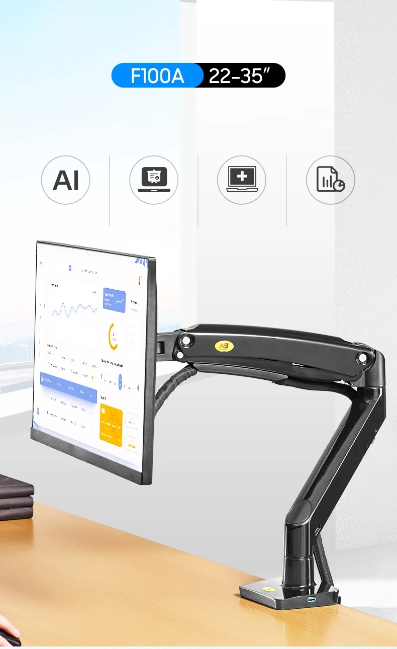 NB F100A Gas Spring Arm 22-35 inch Screen Desktop Monitor Holder 360 Rotate 3-12kgs Monitor Mount Arm with USB 3.0 Port Monitor Mount Arm USB 3.0 Port