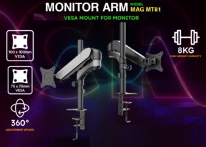 MSI Monitor Arm MAG MT81-XX - VESA 75/100, Ergonomic, Screen Mount, up to 8 kg, 1 Monitor, Cable Management, 360° Rotation, C-Clamp - Ideal for 24" to 32" LED LCD Monitors MSI Monitor Arm MAG MT81 24"-32"