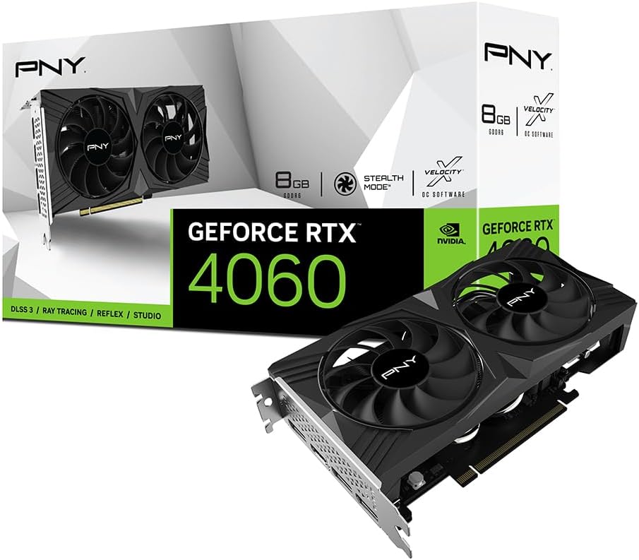 VCG40608DFXPB1 PNY RTX 4060 8GB Verto Dual Fan Graphics Card PNY GeForce RTX™ 4060 8GB Verto™ Dual Fan Graphics Card NVIDIA DLSS 3 (128-bit, PCIe 4.0, GDDR6, HDMI/DisplayPort, Supports 4k, 2 Slot) NVIDIA Ada Lovelace Architecture 