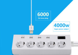 NCTS-NPS2 POWER STRIP Fast Charge USB Ports 5 Outlets NCTS POWER STRIP with Fast Charge USB Ports , 5 Ground Outlets  ,4 USB Ports 2.4A &  1A (Max 6A) |  Rated 16A,250V,4000W | Over current , Surge  protection |1.8 meters Cord | WHITE