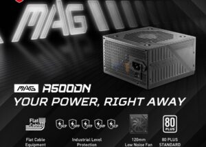 306-7ZP6A17-809 MSI MAG A500DN POWER SUPPLY 500W 80 PLUS MSI MAG A500DN POWER SUPPLY 500W 80 PLUS, 120mm Fan , Industrial level protection with OCP, OVP, OPP, SCP , Active PFC Design , Flat Cable Equipment - BLACK