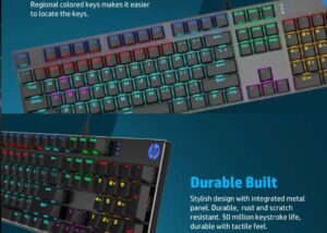 7ZZ93AA#ABM Metal Gaming Mechanical Keyboard Blue Switch HP GK400F RGB Gaming Mechanical Keyboard with Blue Switch , USB Wired 1.6m Cable , 106 Keys , Rust and Scratch Resistant, Silvery Metal Panel , Compatible with Windows & Mac OS
