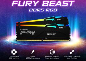 KF556C36BBEAK2-64 Beast 64GB 5600MTs DDR5 RAM CL36 RGB RAM Kit Kingston FURY Beast 64GB (2x32GB) 5600MT/s DDR5 RAM CL36 PC5-44800 1.25 V RGB Desktop Memory Kit of 2 | Infrared Syncing |XMP 3.0 &  AMD Expo | Plug N Play | KF556C36BBEAK2-64