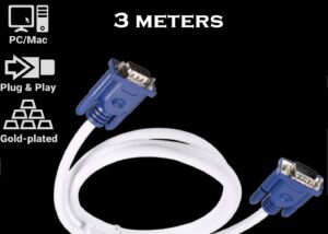 DELUXE-VGA-3M DELUXE VGA to VGA Cable 3 meters DELUXE VGA to VGA cable – 3m – high-purity copper conductors (Full HD, VGA to VGA monitor cable & VGA lead, connects computers to screens/projectors, 15-pin D-Sub) - Blue & White