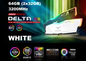 TF4D464G3200HC16FDC0  Delta RGB DDR4 White RAM Kit 64GB 3200MHz CL16 TEAMGROUP T-Force Delta RGB DDR4 RAM Kit 64GB (2x32GB) 3200MHz (PC4-28800) CL16 1.35V 288-Pin Desktop Gaming Memory Module - TF4D464G3200HC16FDC01- White
