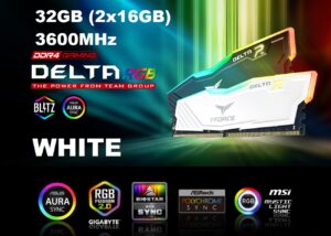 TF4D416G3600HC18JBK Delta RGB DDR4 White RAM Kit 32GB 3600MHz CL18 TEAMGROUP T-Force Delta RGB DDR4 RAM Kit 32GB (2x16GB) 3600MHz (PC4-28800) CL18 1.35V 288-Pin Desktop Gaming Memory Module - TF4D432G3600HC18JDC01 - White