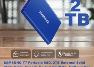 MU-PC2T0H SAMSUNG T7 Portable External SSD 2TB SAMSUNG T7 Portable SSD, 2TB External Solid State Drive, Speeds Up to 1,050MB/s, USB 3.2 Gen 2, Reliable Storage for Gaming, Students, Professionals | Blue MU-PC2T0H