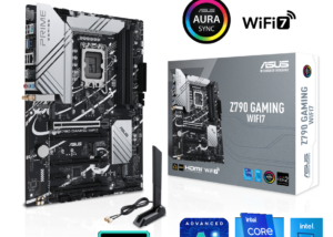 90MB1HY0-M0AAY0 ASUS Z790 GAMING WIFI7 DDR5 Motherboard ATX ASUS Z790 GAMING WIFI7 LGA 1700 ATX motherboard with PCIe 5.0, three M.2 slots, 14+1 DrMOS, DDR5, WIFI 7, Realtek 1Gb LAN, HDMI TM, USB 3.2 Gen 2x2 Type-C, front USB 3.2 Gen 1 Type-C, Thunderbolt USB4