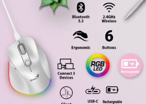 ERGO-9000S-PRO-S Bluetooth Rechargeable Mini Ergo Silent Mouse Genius Ergo 9000S Pro Wireless Bluetooth Rechargeable Mini Ergo Silent Mouse - Dual Connectivity Bluetooth 5.0 and 2.4GHz - USB C Rechargeable - Adjustable DPI - Six Buttons - Connect up tp 3 Devices | Silver & White