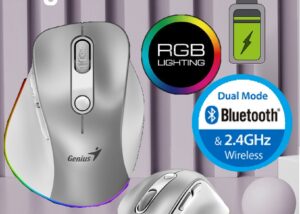 ERGO-9000S-PRO-S Bluetooth Rechargeable Mini Ergo Silent Mouse Genius Ergo 9000S Pro Wireless Bluetooth Rechargeable Mini Ergo Silent Mouse - Dual Connectivity Bluetooth 5.0 and 2.4GHz - USB C Rechargeable - Adjustable DPI - Six Buttons - Connect up tp 3 Devices | Silver & White