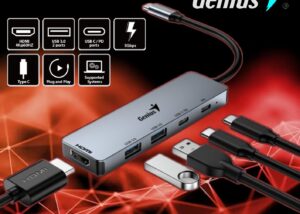 5-in-1 USB Hub Genius UH-500 : 1x HDMI 4K@60Hz , 1x USB-C 100W PD Port , 1x USB-C 3.0 port , 2x USB-A 3.0 Data Ports  , Type C 15cm Cable | Silver 