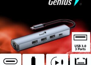 5 in 1  Hub Genius UH-545 : 1x Gigabit Ethernet RJ45 Output- 1x USB-C Power Supply port - 1x USB-A 3.0 Data Ports - 15cm cable Type C | Silver 