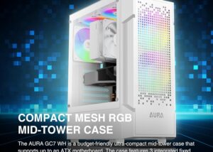 AURA-GC7-W GC7 ARGB COMPACT MESH MID-TOWER WHITE CASE GAMDIAS ATX AURA GC7 ARGB COMPACT MESH MID-TOWER WHITE CASE - w/Tempered Glass, 3 Built-in 120mm Fixed Gaming RGB Fans, Support Up to 6X 120mm Fans, 120mm AIO/Radiator, 300mm GPU/VGA, 160mm CPU Cooler | WHITE AURA-GC7-W