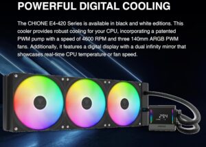 GHIONE-E4-420-B  CHIONE E4 420mm ARGB BLACK CPU LIQUID Cooler GAMDIAS CHIONE E4 420mm AIO ARGB BLACK CPU Water Cooler, Real-time Digital Display Patented PWM Pump, Hidden Cable Design, ARGB PWM Fan w/MB Sync, Intel LGA 1700/1200, AMD AM5/AM4 | BLACK GHIONE-E4-420-B