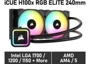 CW-9060065-WW2 H100x RGB Elite 420 Liquid CPU Cooler Corsair H100x RGB Elite 420 Liquid CPU Cooler - 2 PWM Fans 120mm x 25mm - Dynamic LEDs SP120 Series PWM Fans with AirGuide Intel® LGA 1700, 1200, 115X, 2066, AMD® AM5/AM4 Sockets | Black (CW-9060065-WW2)