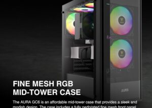 AURA-GC6-B AURA GC6 ARGB FINE MESH ARGB MID-TOWER CASE GAMDIAS AURA GC6 ARGB FINE MESH ARGB MID-TOWER CASE - Gaming Computer PC Case w/Tempered Glass, 3 Built-in 120mm Fixed RGB Fans, Support Up to 6X 120mm Fans, 360mm AIO/Radiator, 300mm GPU/VGA, 150mm CPU Cooler | BLACK AURA-GC6-B