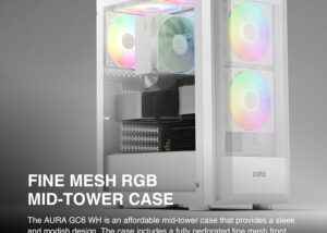 AURA-GC6-W AURA GC6 ARGB FINE MESH WHITE MID-TOWER CASE GAMDIAS AURA GC6 ARGB FINE MESH WHITE MID-TOWER CASE - Gaming Computer PC Case w/Tempered Glass, 3 Built-in 120mm Fixed RGB Fans, Support Up to 6X 120mm Fans, 360mm AIO/Radiator, 300mm GPU/VGA, 150mm CPU Cooler | WHITE AURA-GC6-W