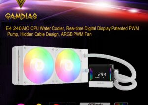 CHIONE-E4-240-W CHIONE E4 240 AIO ARGB WHITE CPU Liquid Cooler GAMDIAS CHIONE E4 240mm AIO ARGB CPU Liquid Cooler, Real-time Digital Display PWM Pump, Hidden Cable Design, 2X 120MM ARGB PWM Fan w/MB Sync, Intel LGA 1700/1200, AMD AM5/AM4 | White CHIONE-E4-240-W