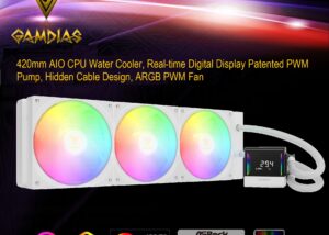 CHIONE-E4-420-W CHIONE E4 420mm ARGB WHITE CPU Water Cooler GAMDIAS CHIONE E4 420mm AIO ARGB WHITE CPU Water Cooler, Real-time Digital Display Patented PWM Pump, Hidden Cable Design, ARGB PWM Fan w/MB Sync, Intel LGA 1700/1200, AMD AM5/AM4 | WHITE CHIONE-E4-420-W