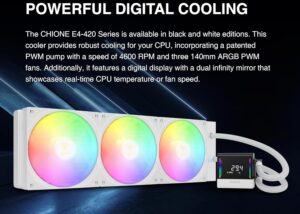 CHIONE-E4-420-W CHIONE E4 420mm ARGB WHITE CPU Water Cooler GAMDIAS CHIONE E4 420mm AIO ARGB WHITE CPU Water Cooler, Real-time Digital Display Patented PWM Pump, Hidden Cable Design, ARGB PWM Fan w/MB Sync, Intel LGA 1700/1200, AMD AM5/AM4 | WHITE CHIONE-E4-420-W