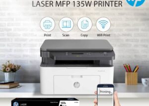 HP-M135W-3IN1 3 in 1 Monochrome Laser Wireless Printer HP Laser MFP 135w 3in 1 Monochrome Wireless Printer - Print, copy, scan - A4 Duplex Black Printing Up to 20 ppm - Up to 600 x 600 dpi - Windows®,  Server , macOS ; Apple AirPrint™; Google Cloud Print™; Mobile Apps , Wi-Fi® Direct Printing |WHITE (4ZB83A)