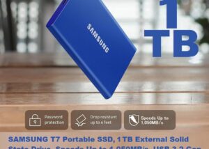 MU-PC1T0H/AM SAMSUNG T7 Portable External SSD 1TB SAMSUNG T7 Portable SSD, 1TB External Solid State Drive, Speeds Up to 1,050MB/s, USB 3.2 Gen 2, Reliable Storage for Gaming, Students, Professionals | Blue MU-PC1T0H