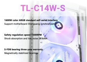 TL-C14W-S 140mm PWM ARGB WHITE Fans Triple Pack  Thermalright TL-C14W-S X3 , 140mm PWM ARGB Fans, Triple Pack, Customizable Lighting, Static Pressure Addressable RGB, Motherboard SYNC with 5V-3PIN, up to 1500 RPM , 74.3 CFM (MAX) | WHITE